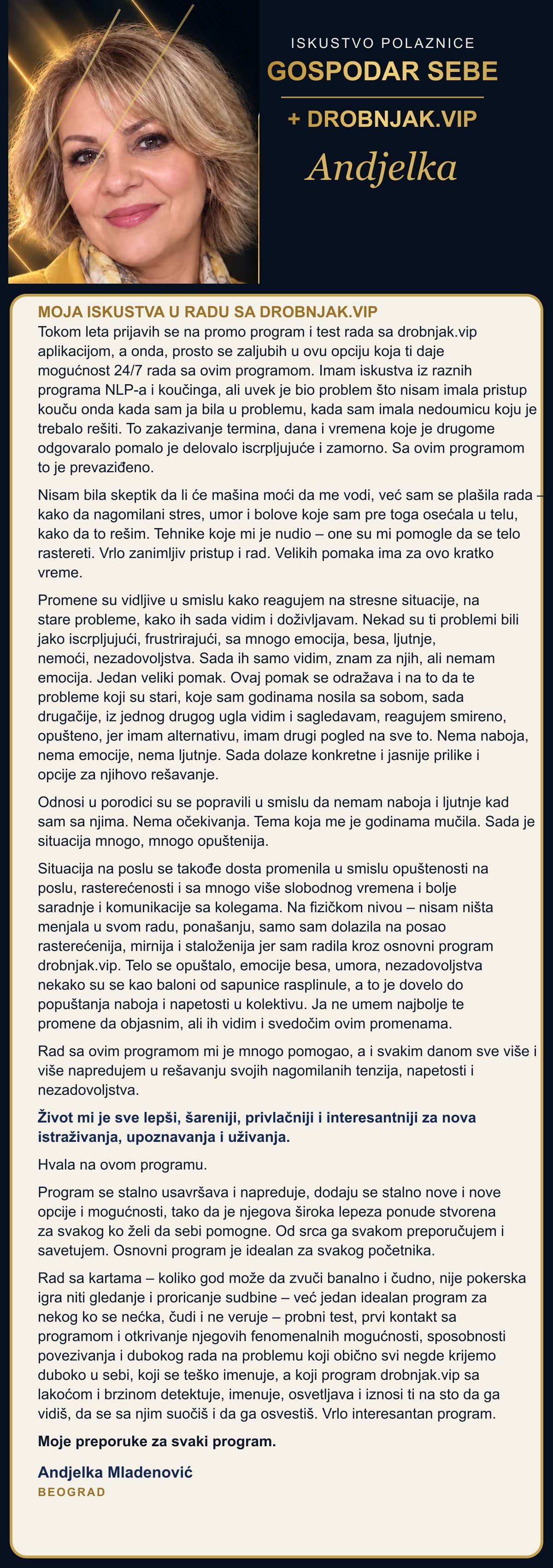 Andjelka Mladenović priča svoje puno iskustvo sa programom Gospodar Sebe i Drobnjak.vip.