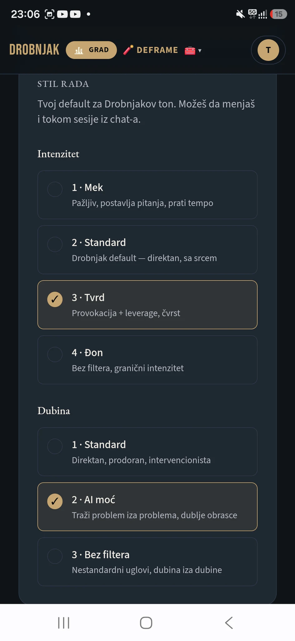 Podešavanje intenziteta i dubine rada u Drobnjaku